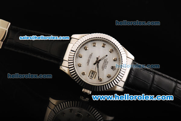 Rolex Datejust Automatic Movement with White Dial and Diamond Marking-Black Leather Strap - Click Image to Close